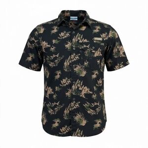 Columbia PHG Mens L Camo Deer Print Black Short Sleeve Fishing Hunting Shirt